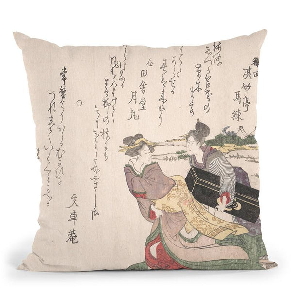Geisha Girl Hurryingwith A Maid Servant Throw Pillow By Tesai Hokuba