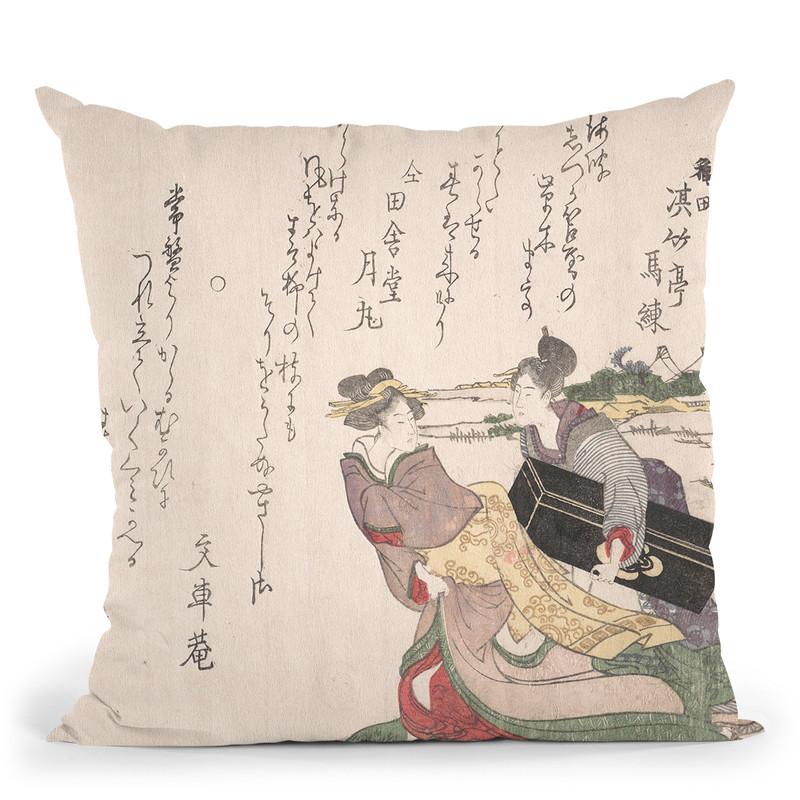 Geisha Girl Hurryingwith A Maid Servant Throw Pillow By Tesai Hokuba