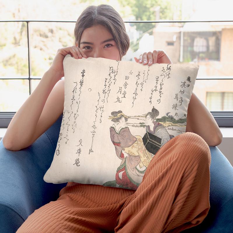 Geisha Girl Hurryingwith A Maid Servant Throw Pillow By Tesai Hokuba