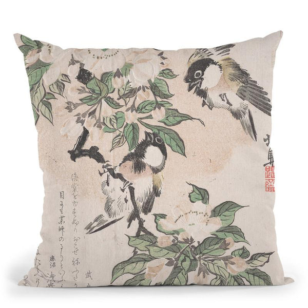 Marsh-Tits And Crabapple Flowers Throw Pillow By Tesai Hokuba