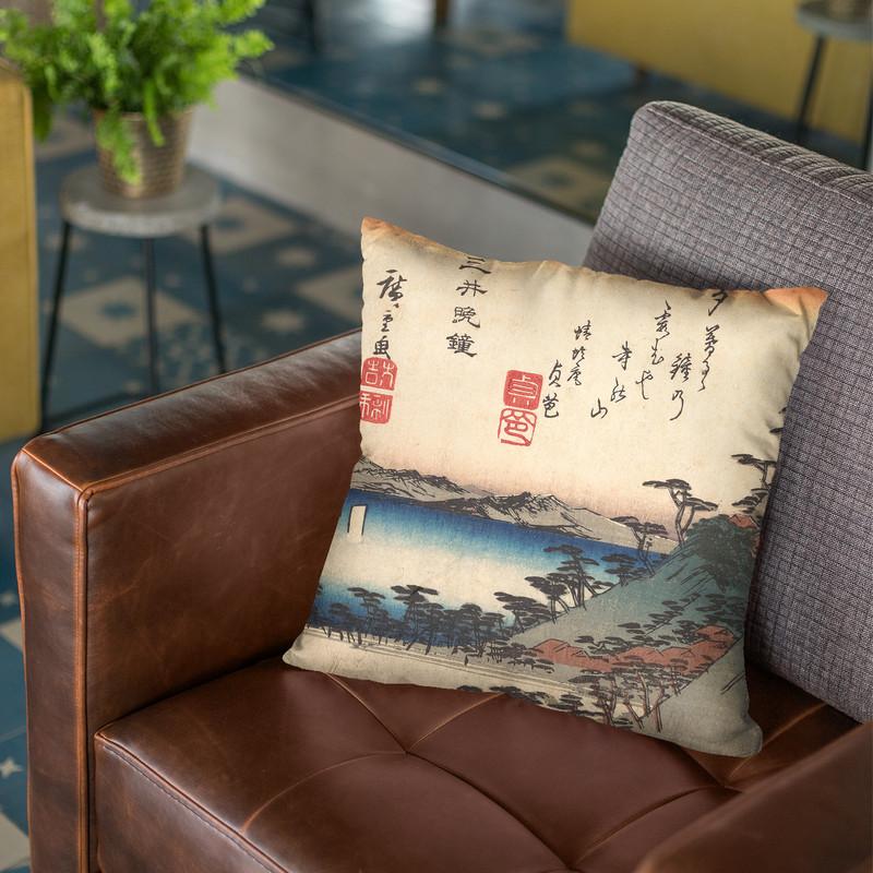 Bells At Mii Temple Throw Pillow By Utagawa Hiroshige