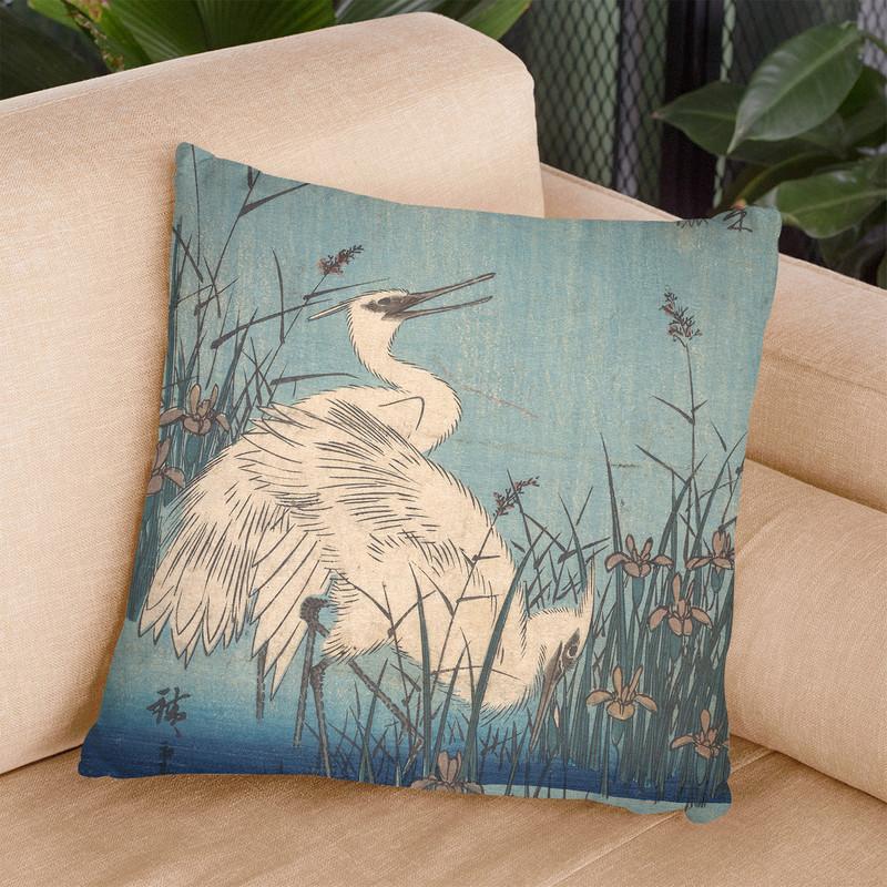 Egret In Iris And Grasses Throw Pillow By Utagawa Hiroshige
