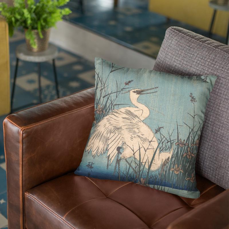 Egret In Iris And Grasses Throw Pillow By Utagawa Hiroshige