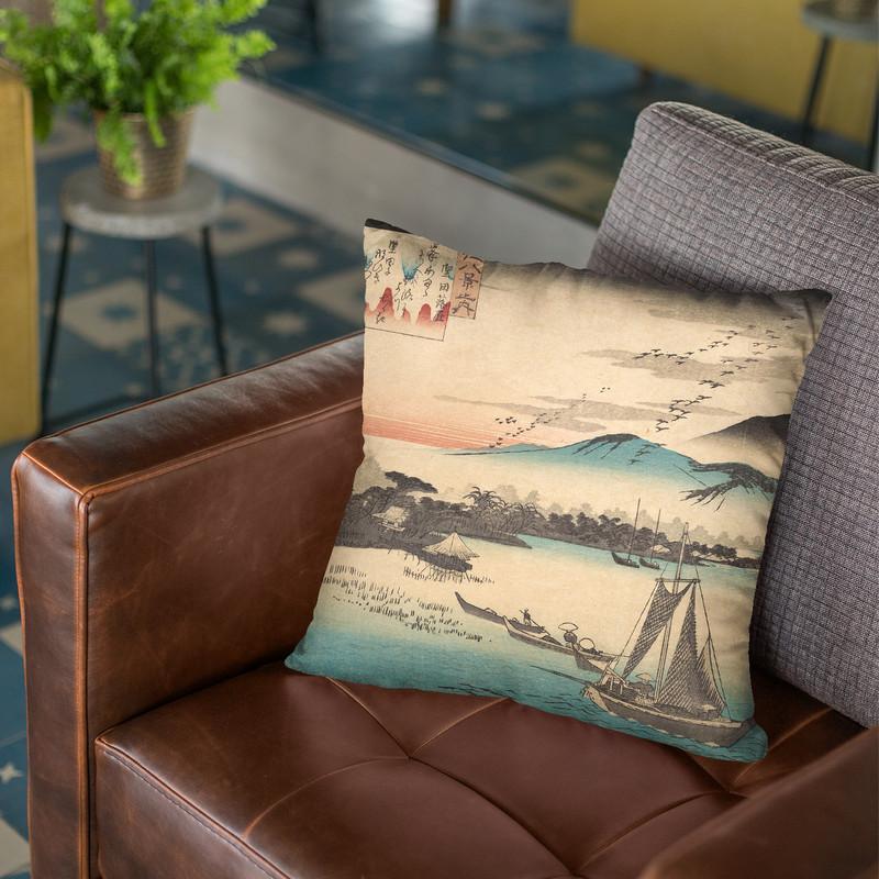 Geese Flying Down To Katada Throw Pillow By Utagawa Hiroshige