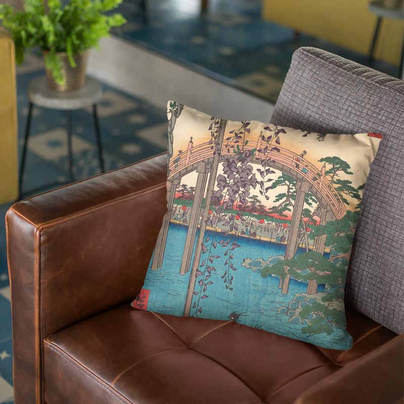 In The Kameido Tenjinrine Compound Throw Pillow By Utagawa Hiroshige