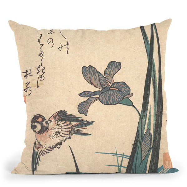 Iris And Sparrow Throw Pillow By Utagawa Hiroshige