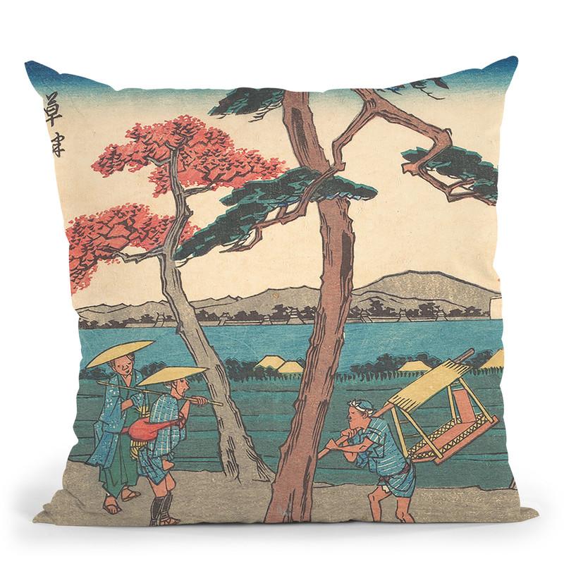 Kusatsu Station Throw Pillow By Utagawa Hiroshige
