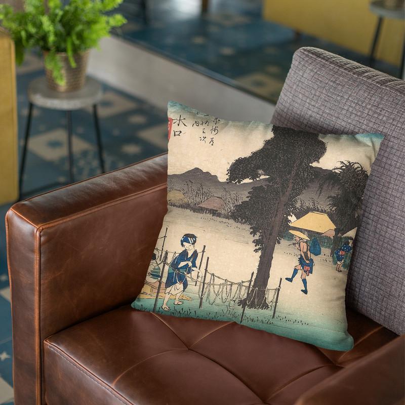 Mizukuchi, Meibutsu Kampyo Throw Pillow By Utagawa Hiroshige