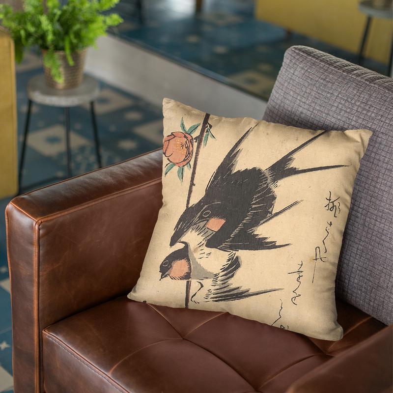 Pear Blossoms And Swallows Throw Pillow By Utagawa Hiroshige