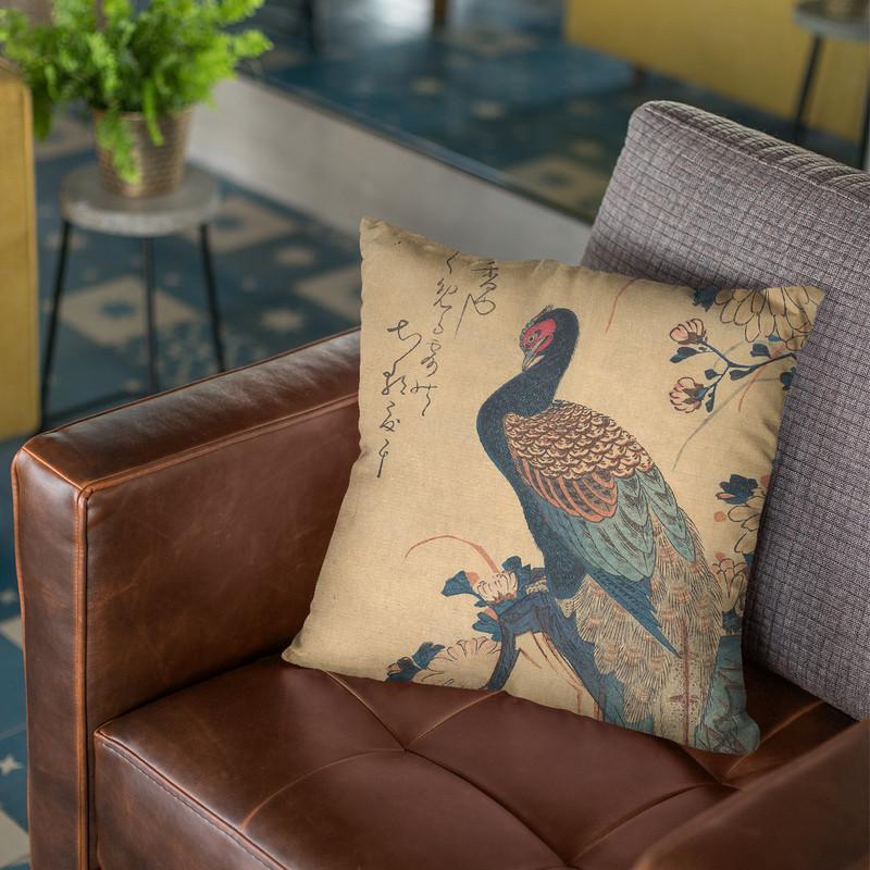 Pheasant With Chrysanthemums Throw Pillow By Utagawa Hiroshige