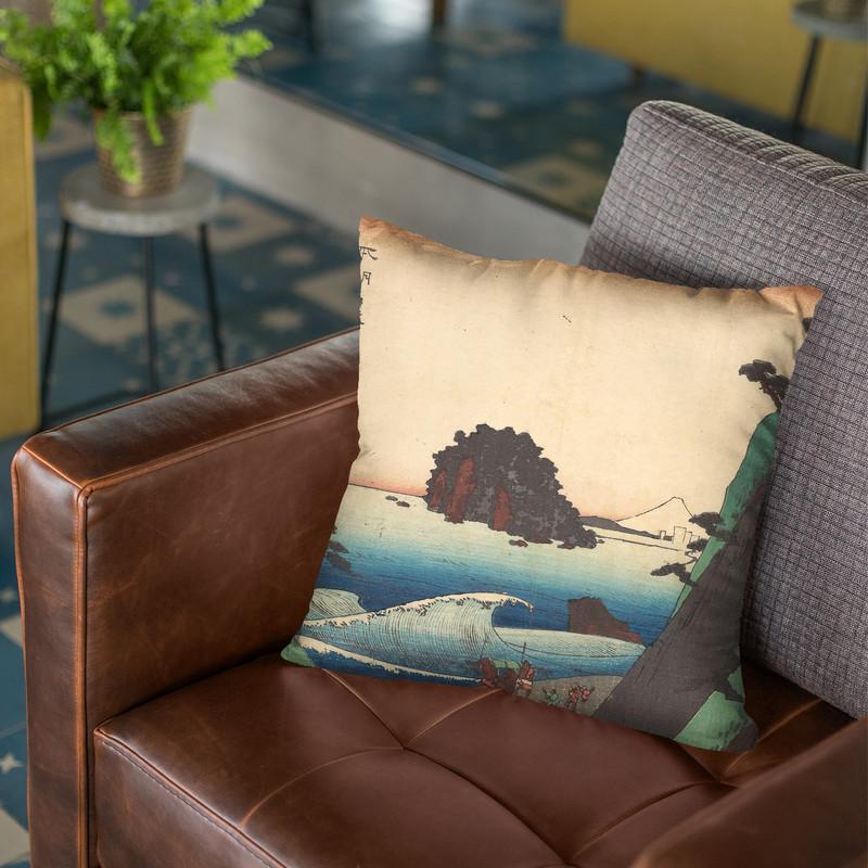 Soshu,Ichi-Ri Ga Hama Throw Pillow By Utagawa Hiroshige