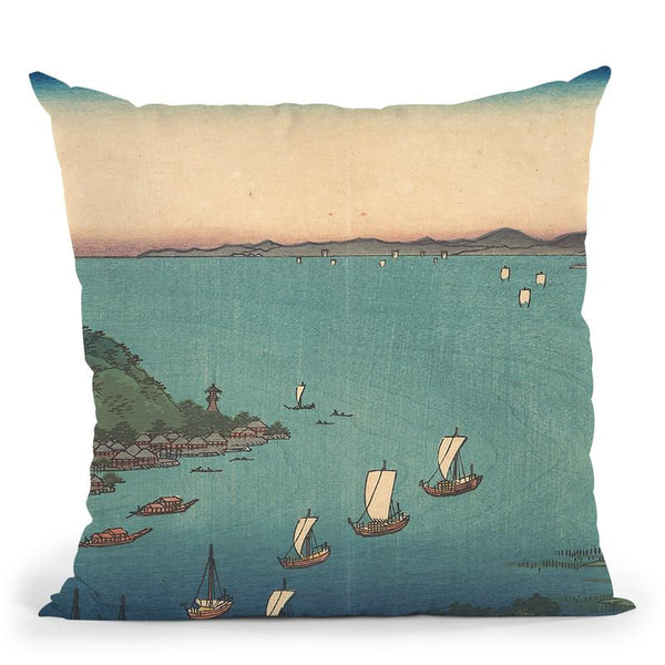 The Harbor Of Ajikawa, Settsu Province Throw Pillow By Utagawa Hiroshige
