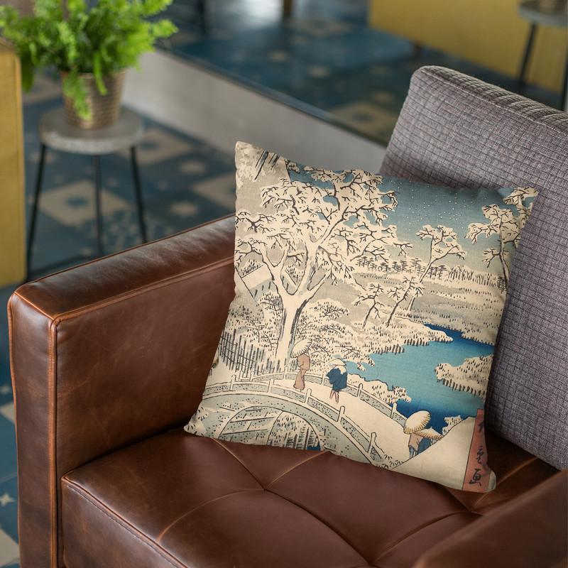 The Taiko (Drum) Bridge And The Yuhimound At Meguro Throw Pillow By Utagawa Hiroshige