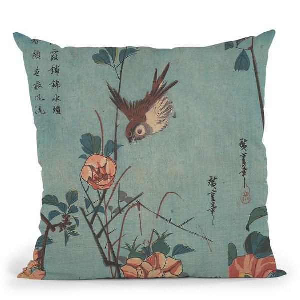 Titmouse And Camellias Throw Pillow By Utagawa Hiroshige