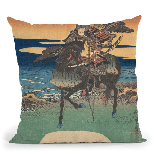 Warrior Riding Black Horse Along The Seashore Throw Pillow By Utagawa Hiroshige
