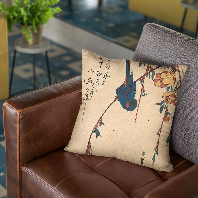 Weeping Cherry And Bluebirdjpeg Throw Pillow By Utagawa Hiroshige