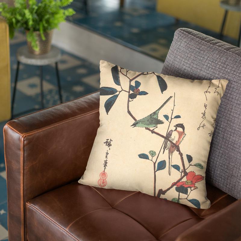 White-Eye And Titmouse On A Camellia Branch Throw Pillow By Utagawa Hiroshige