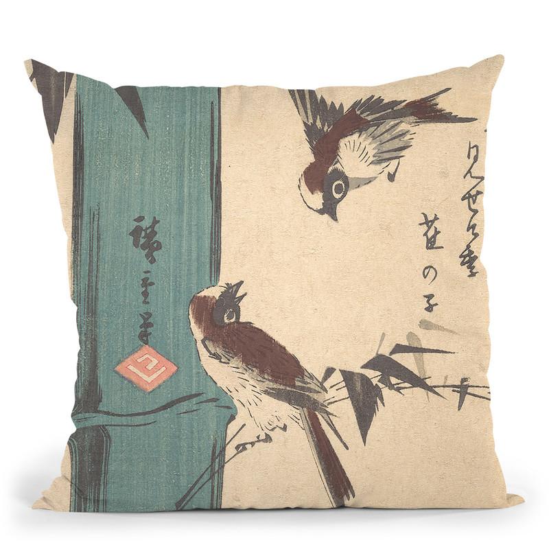 Bamboo And Sparrows Throw Pillow By Utagawa Hiroshige