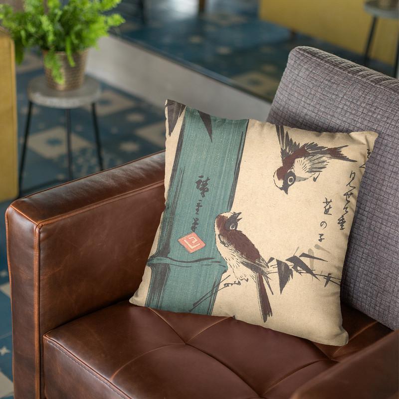 Bamboo And Sparrows Throw Pillow By Utagawa Hiroshige