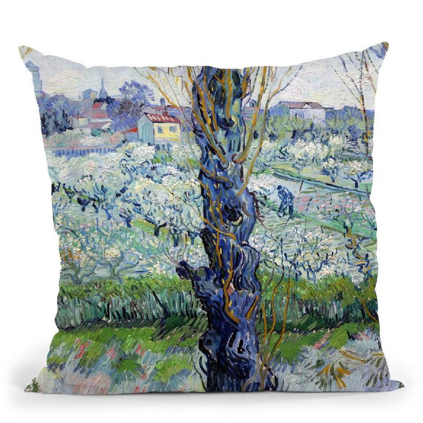 View Of Arles, Flowering Orchar Throw Pillow By Van Gogh