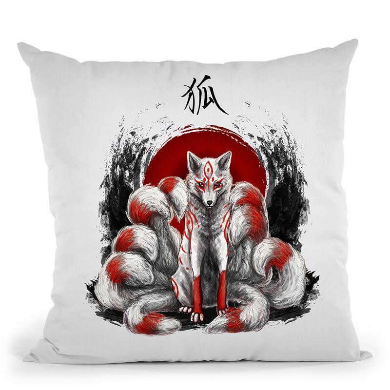 Japanese Nine Tailed Fox Kitsune Displate Throw Pillow By Cornel Vlad - by all about vibe