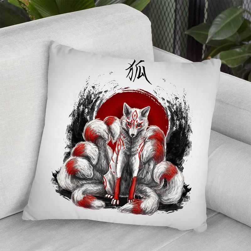 Japanese Nine Tailed Fox Kitsune Displate Throw Pillow By Cornel Vlad - by all about vibe
