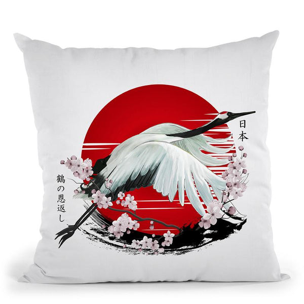 Japanese Red Crane Tsuru Displate V3 Throw Pillow By Cornel Vlad - by all about vibe