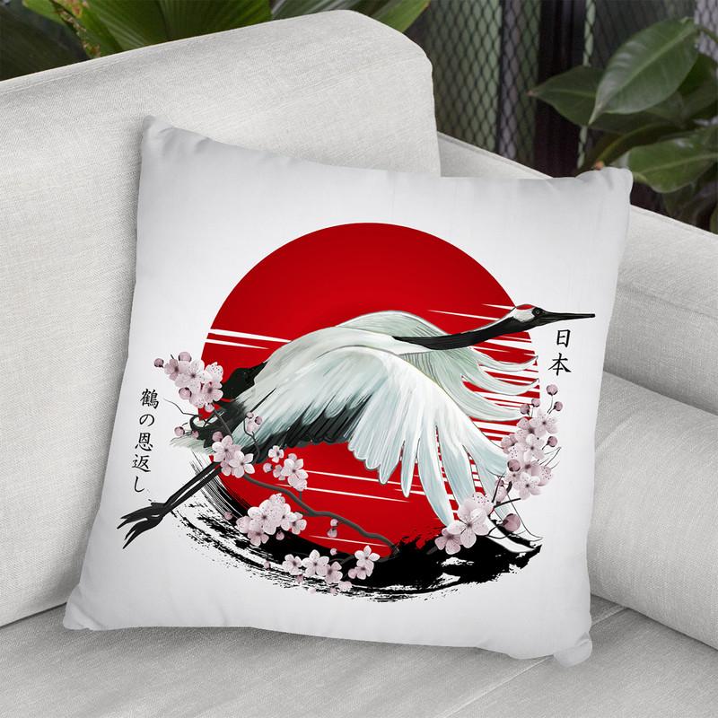 Japanese Red Crane Tsuru Displate V3 Throw Pillow By Cornel Vlad - by all about vibe