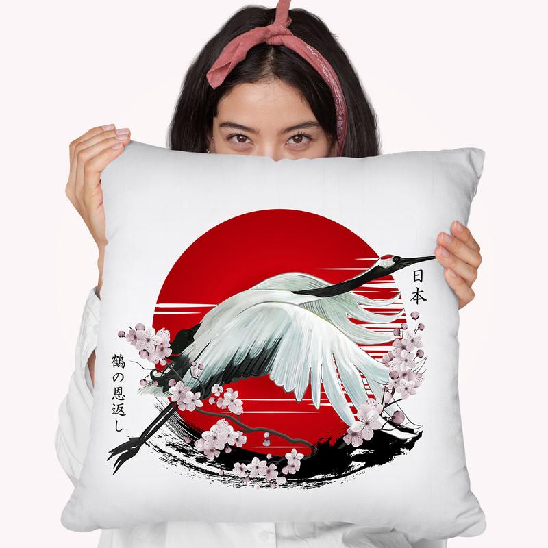 Japanese Red Crane Tsuru Displate V3 Throw Pillow By Cornel Vlad - by all about vibe