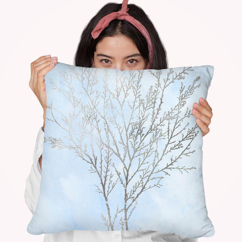 Silver Foil Algae I On Blue Throw Pillow By World Art Group