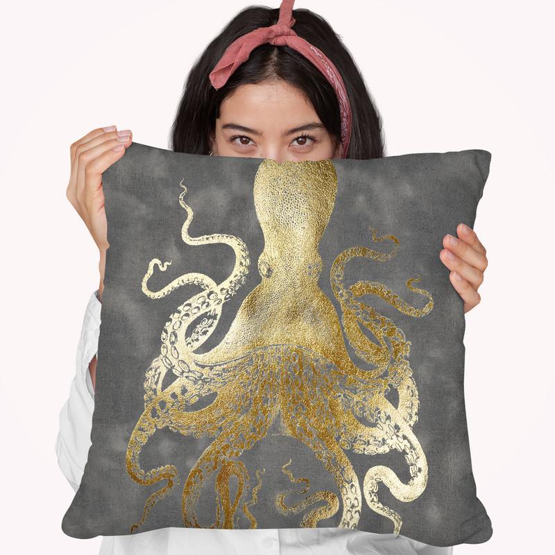 Gold Foil Octopus Ii Throw Pillow By World Art Group