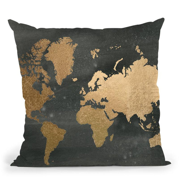 Gold Foil World Map On Black Throw Pillow By World Art Group