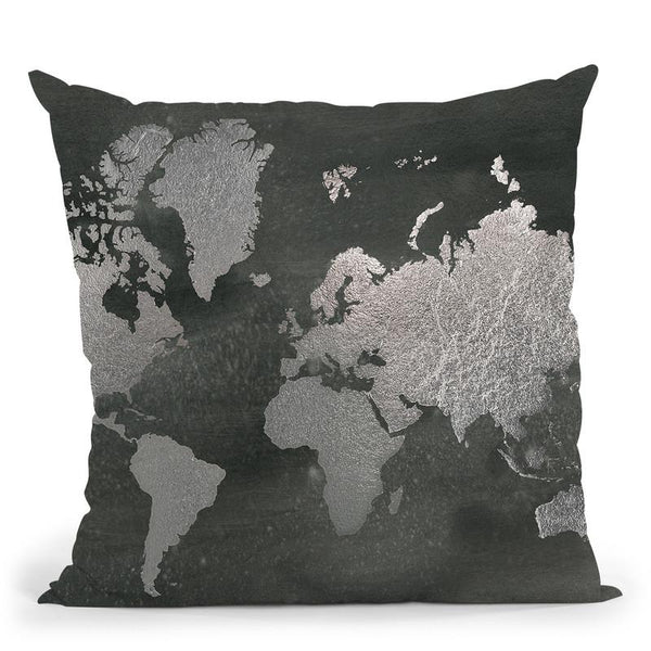 Silver Foil World Map On Black Throw Pillow By World Art Group