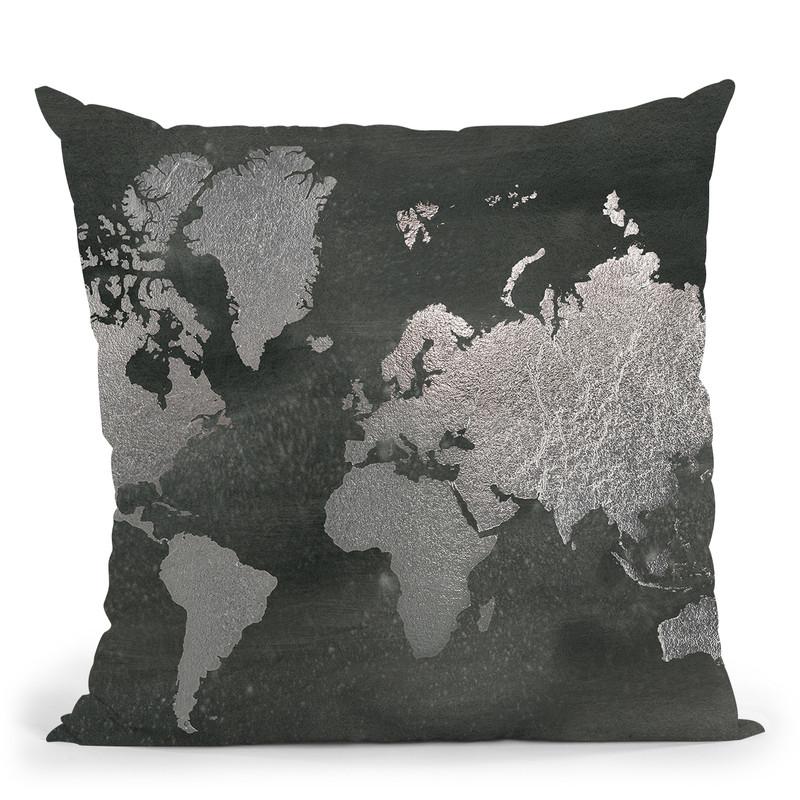 Silver Foil World Map On Black Throw Pillow By World Art Group