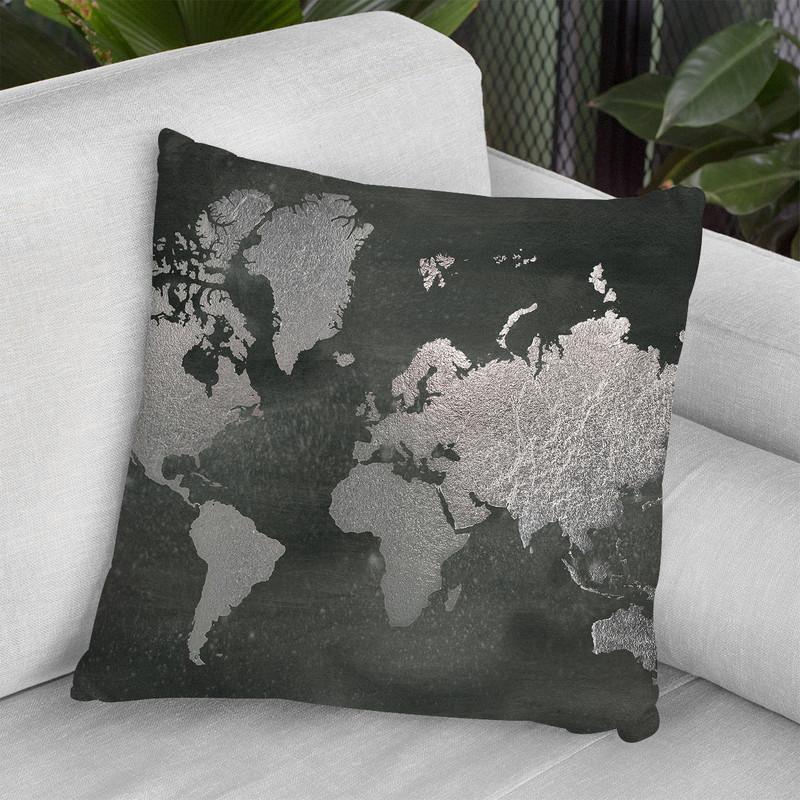 Silver Foil World Map On Black Throw Pillow By World Art Group