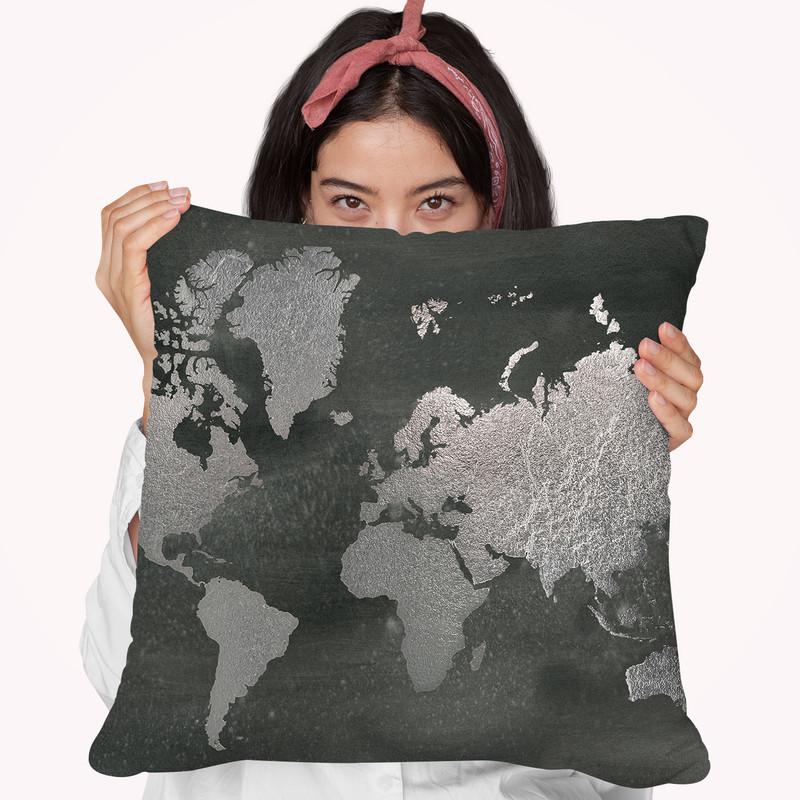 Silver Foil World Map On Black Throw Pillow By World Art Group