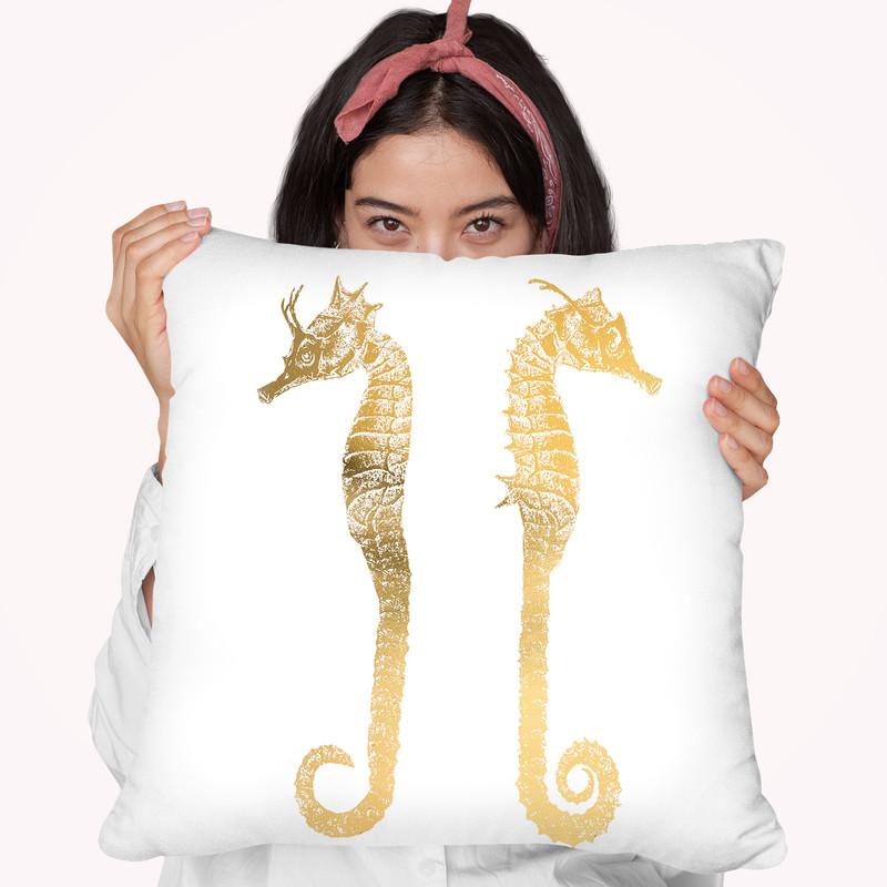 Gold Foil Seahorses Throw Pillow By World Art Group