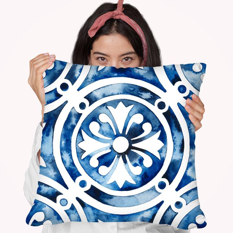 Cobalt Tile Iv Throw Pillow By World Art Group
