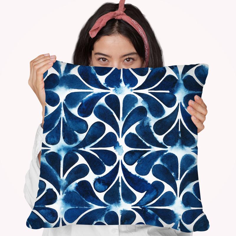 Cobalt Watercolor Tiles Iii Throw Pillow By World Art Group