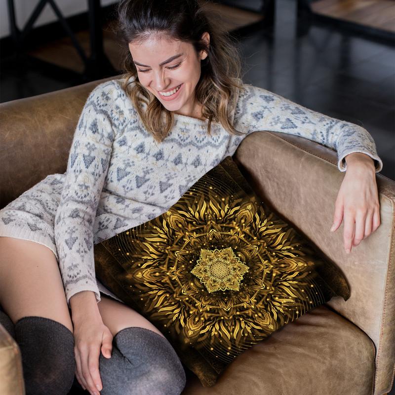 Aligned Flower - Gold Throw Pillow By Yantart Designs