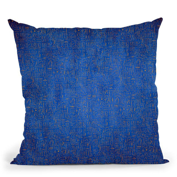 Egyptian Glyphs - Blue Throw Pillow By Yantart Designs