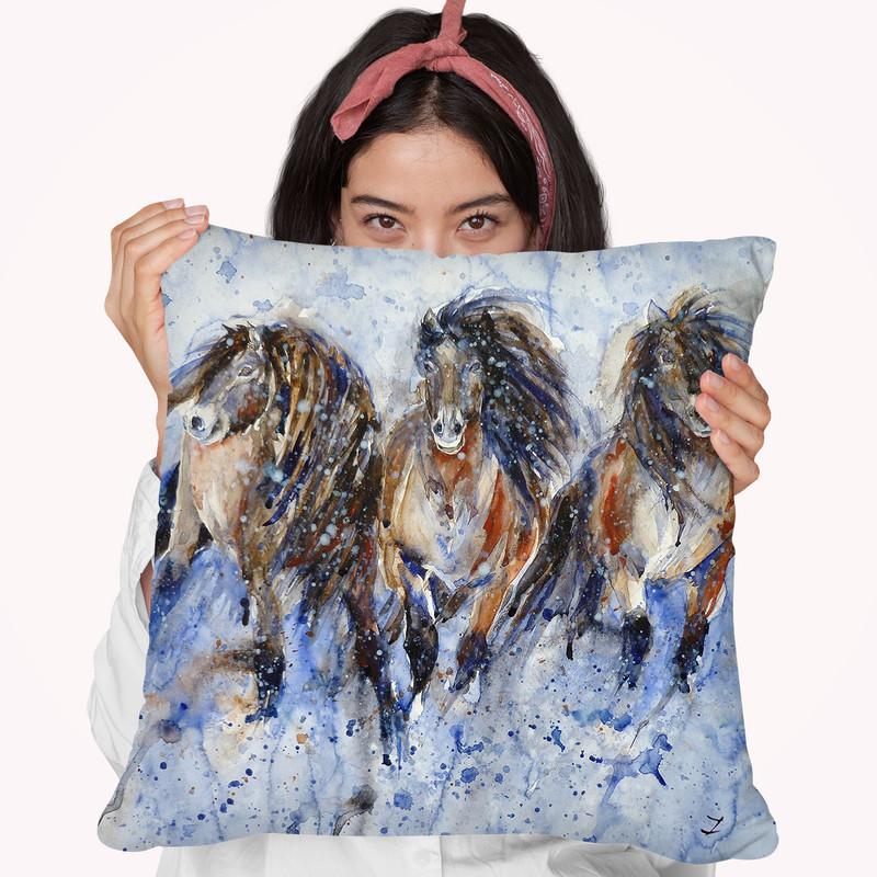 Yakutian Horses In The Snow Storm Throw Pillow By Z Art Gallery