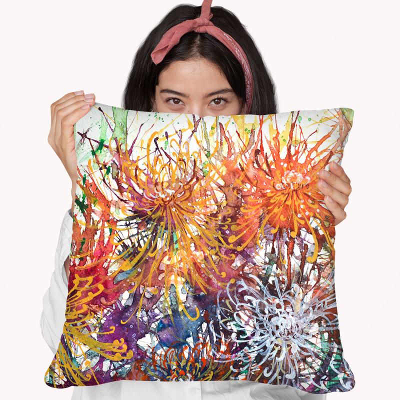 Chrysanthemums In The Garden Watercolor Throw Pillow By Z Art Gallery