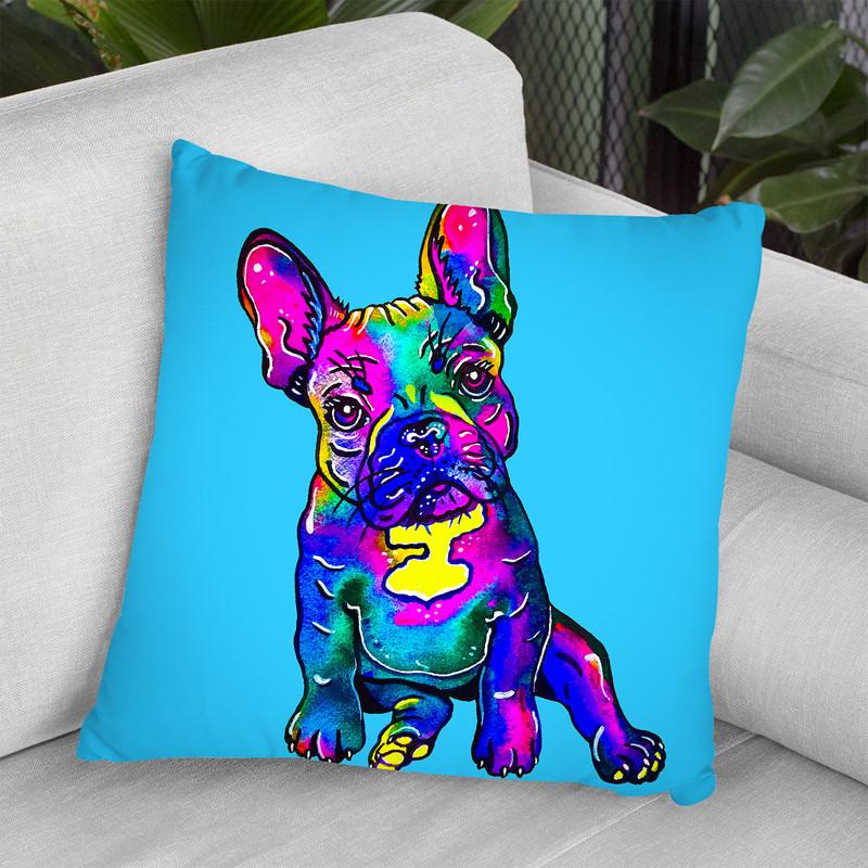 Colorful French Bulldog On Blue Throw Pillow By Z Art Gallery