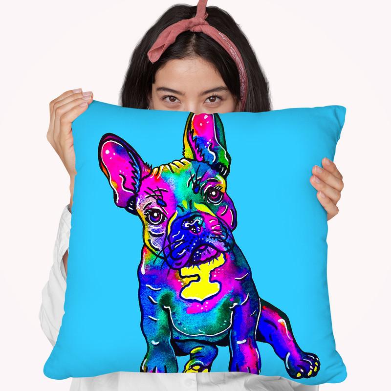 Colorful French Bulldog On Blue Throw Pillow By Z Art Gallery